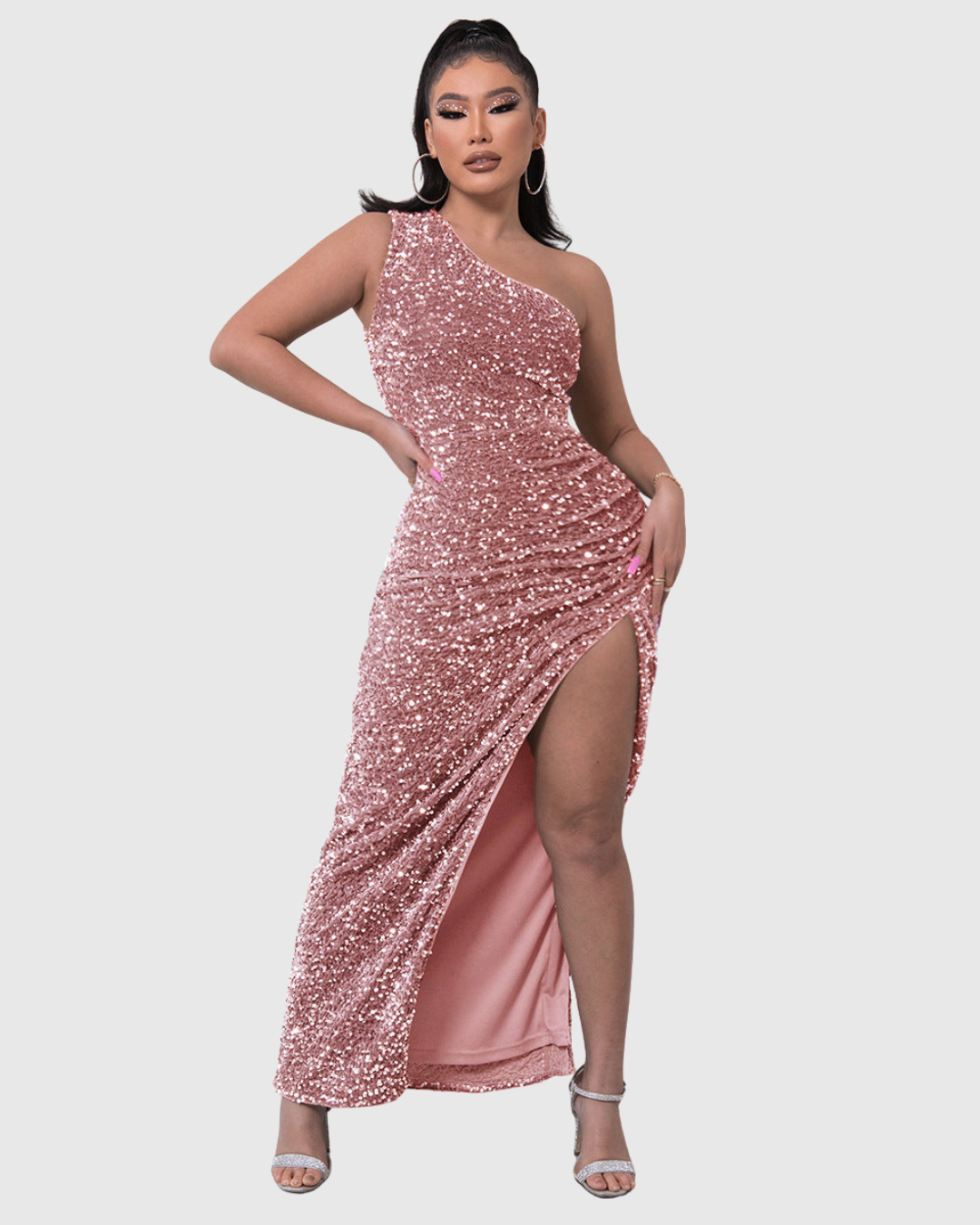 Abito da Sera Donna Monospalla con Paillettes - Lungo con Spacco