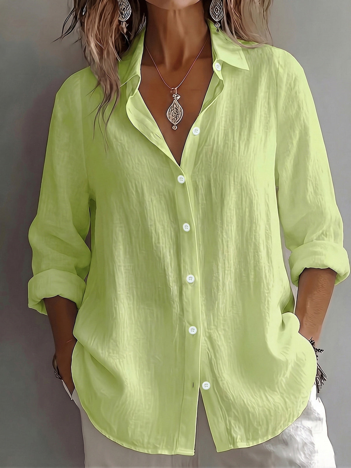 Camicia Donna in Lino con Colletto Rovesciato e Maniche Lunghe