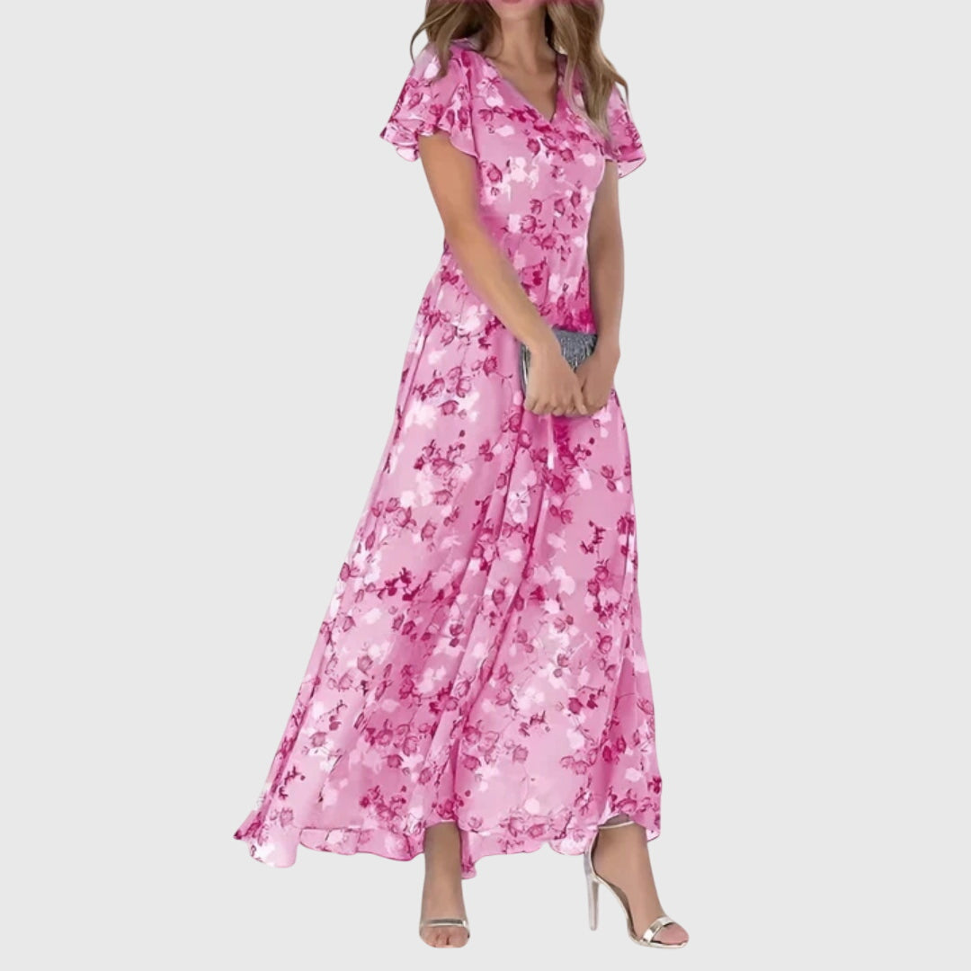 Vestito Maxi Donna Floreale con Scollo a V - Abito Fluido Estivo