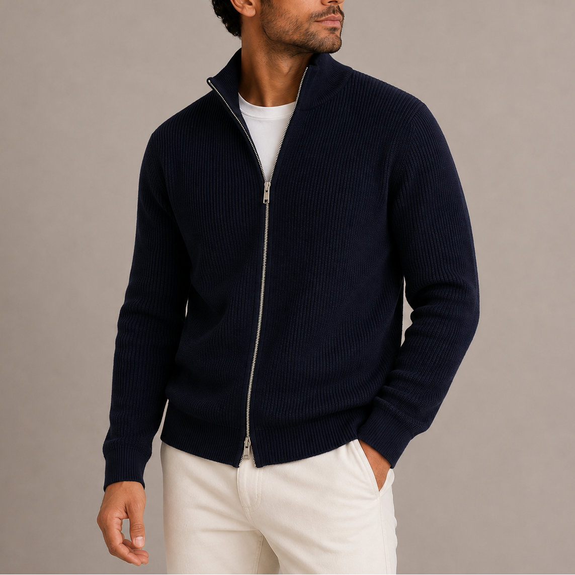 Cardigan Uomo con Zip Integrale a Costine - Maglione Collo Alto