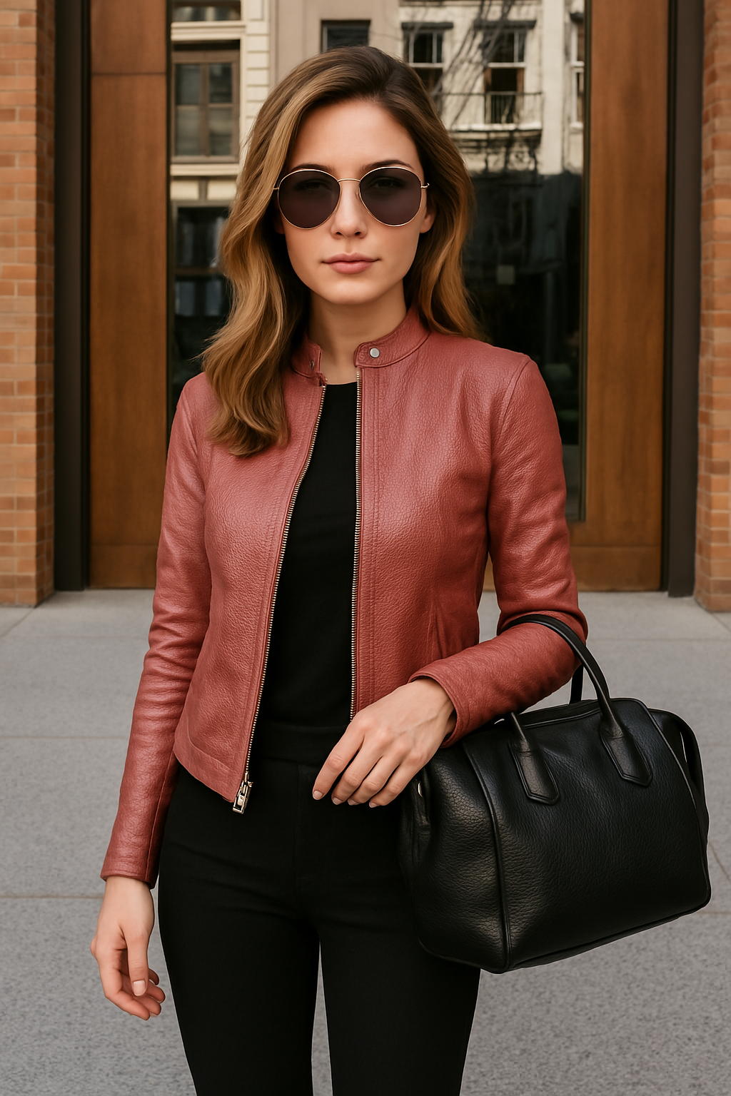 Giacca Donna in Pelle Slim Fit con Colletto alla Coreana e Zip