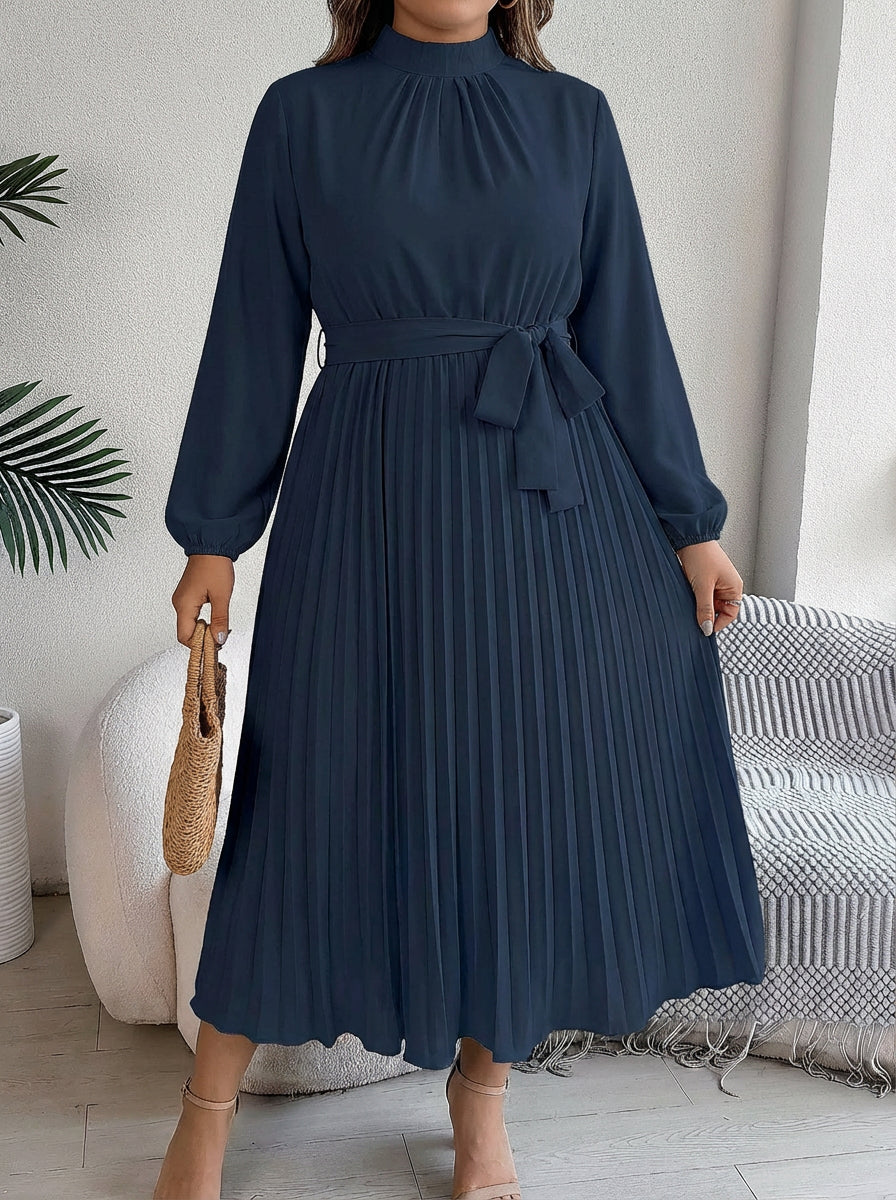 Abito Donna Maxi Plissettato con Cintura in Vita e Collo Alto