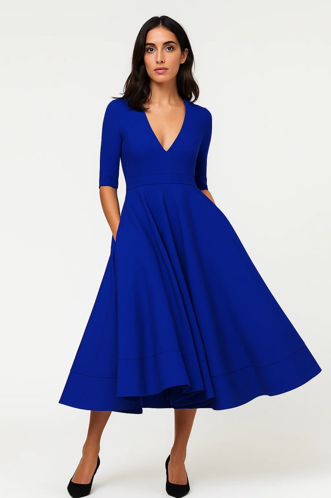 Abito Donna Midi Svasato Scollo a V - Vestito Elegante Mezza Stagione