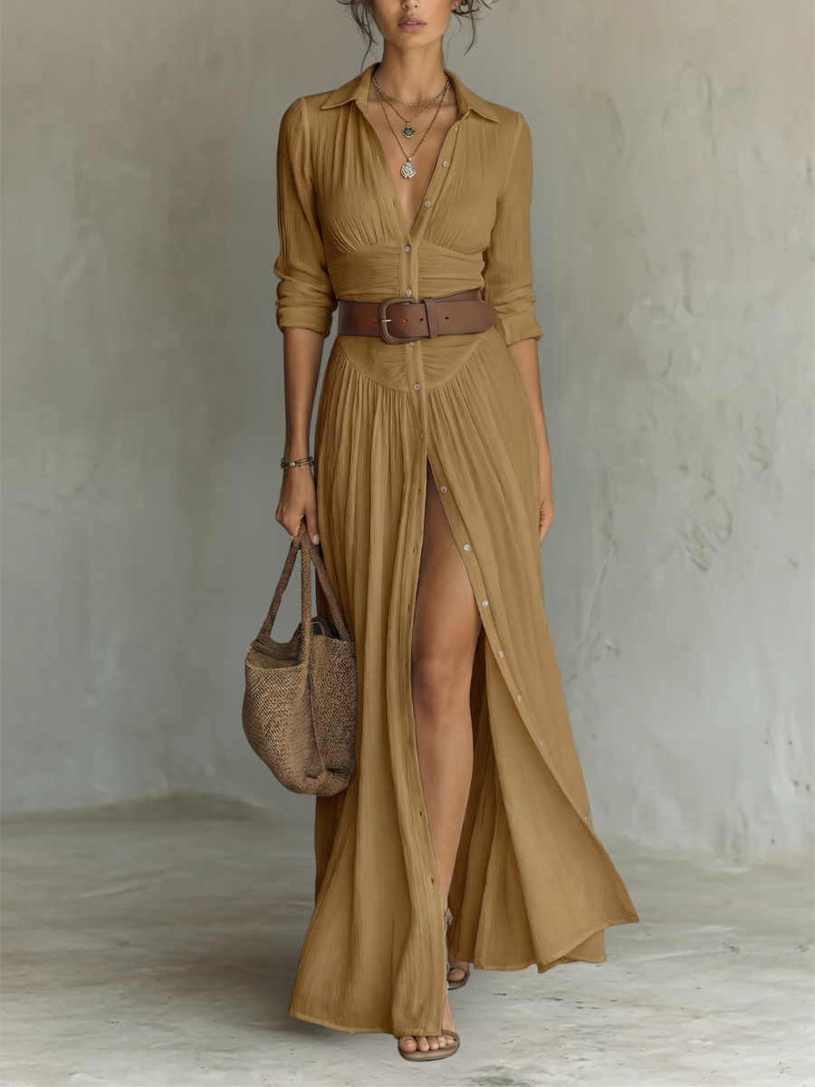 Abito Maxi Donna con Colletto Camicia e Spacco Gamba