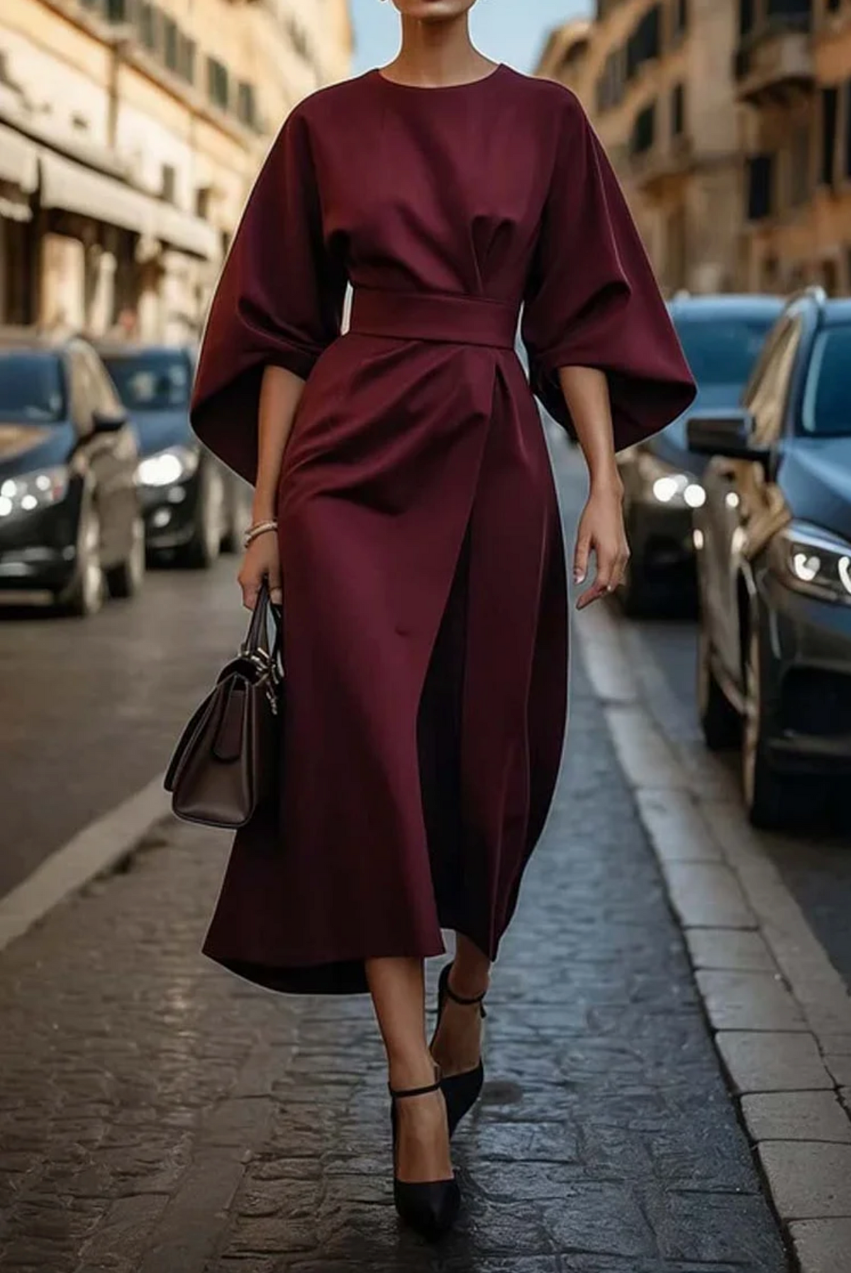 Vestito Donna Elegante con Maniche a Lanterna e Cintura