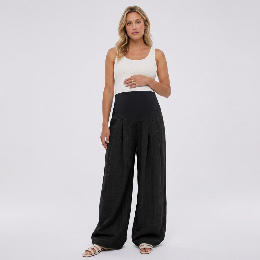 Pantaloni Premaman con Fascia Sotto Pancia e Gambe Plissettate