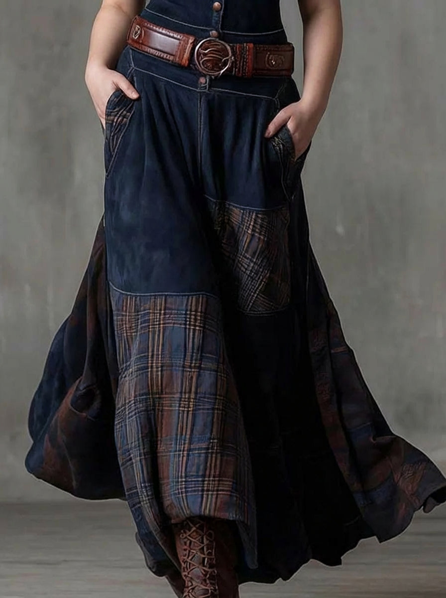 Abito Lungo Donna Vintage Scamosciato a Quadri con Cintura