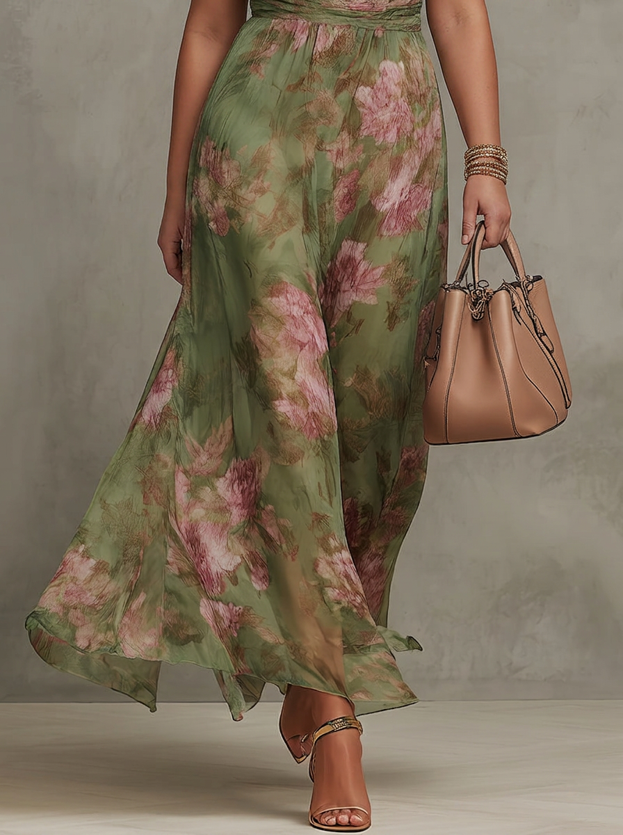 Vestito Donna Lungo Maxi Chiffon Verde con Collo Halter Floreale