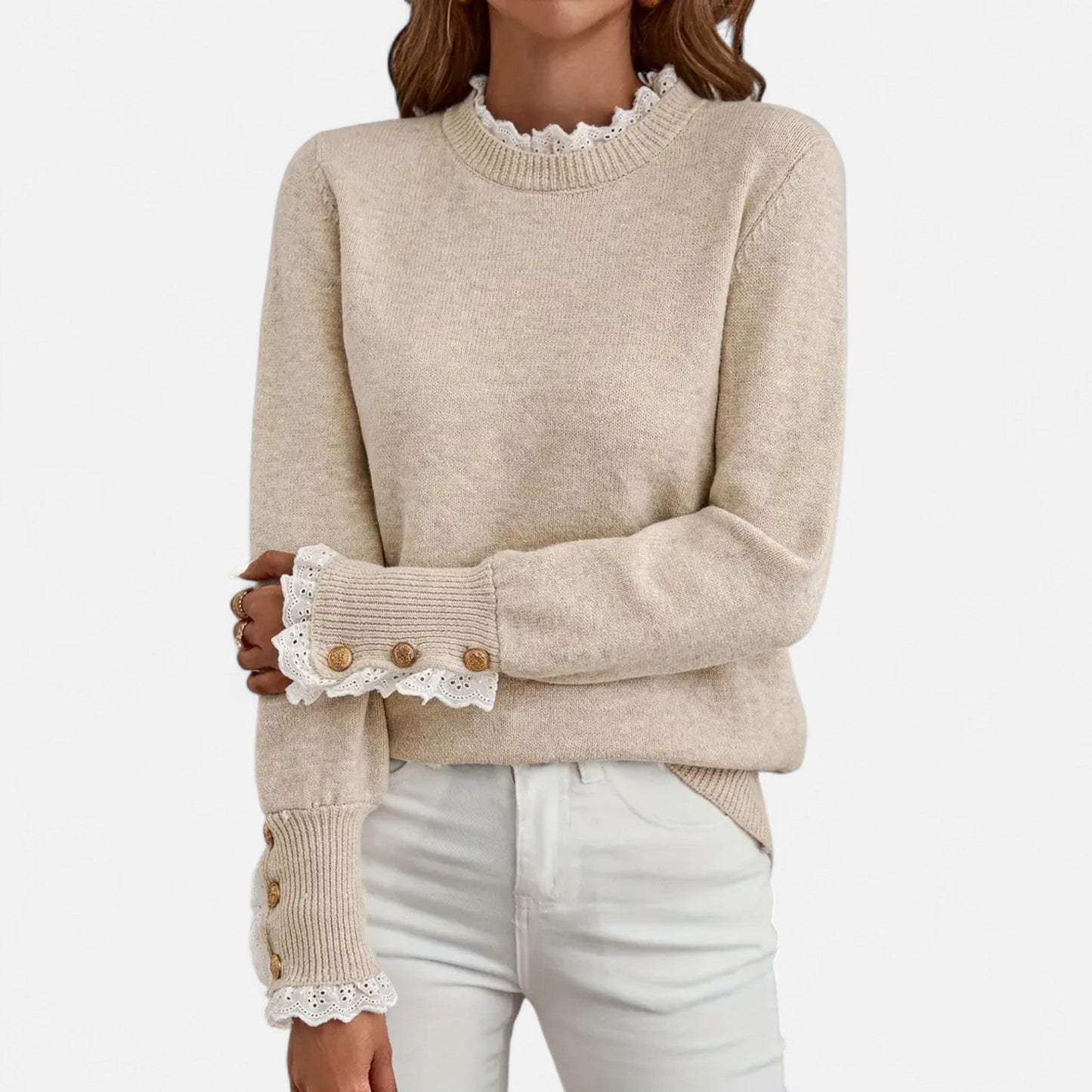 Donna - Maglia girocollo elegante beige con dettaglio in pizzo