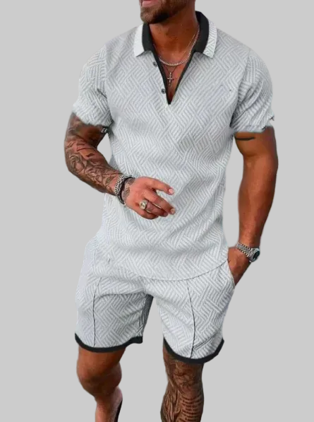 Completo Uomo Slim Fit Polo e Bermuda Manica Corta con Zip
