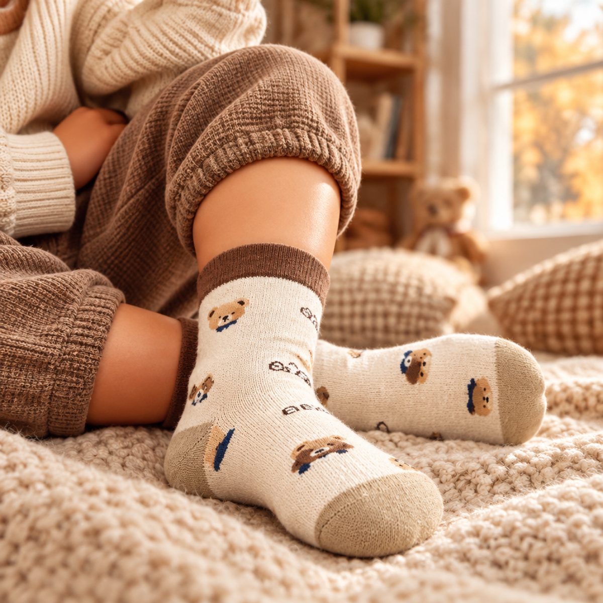 Enfant portant les chaussettes d'hiver douillettes à motif ours, gros plan sur les pieds et les jambes