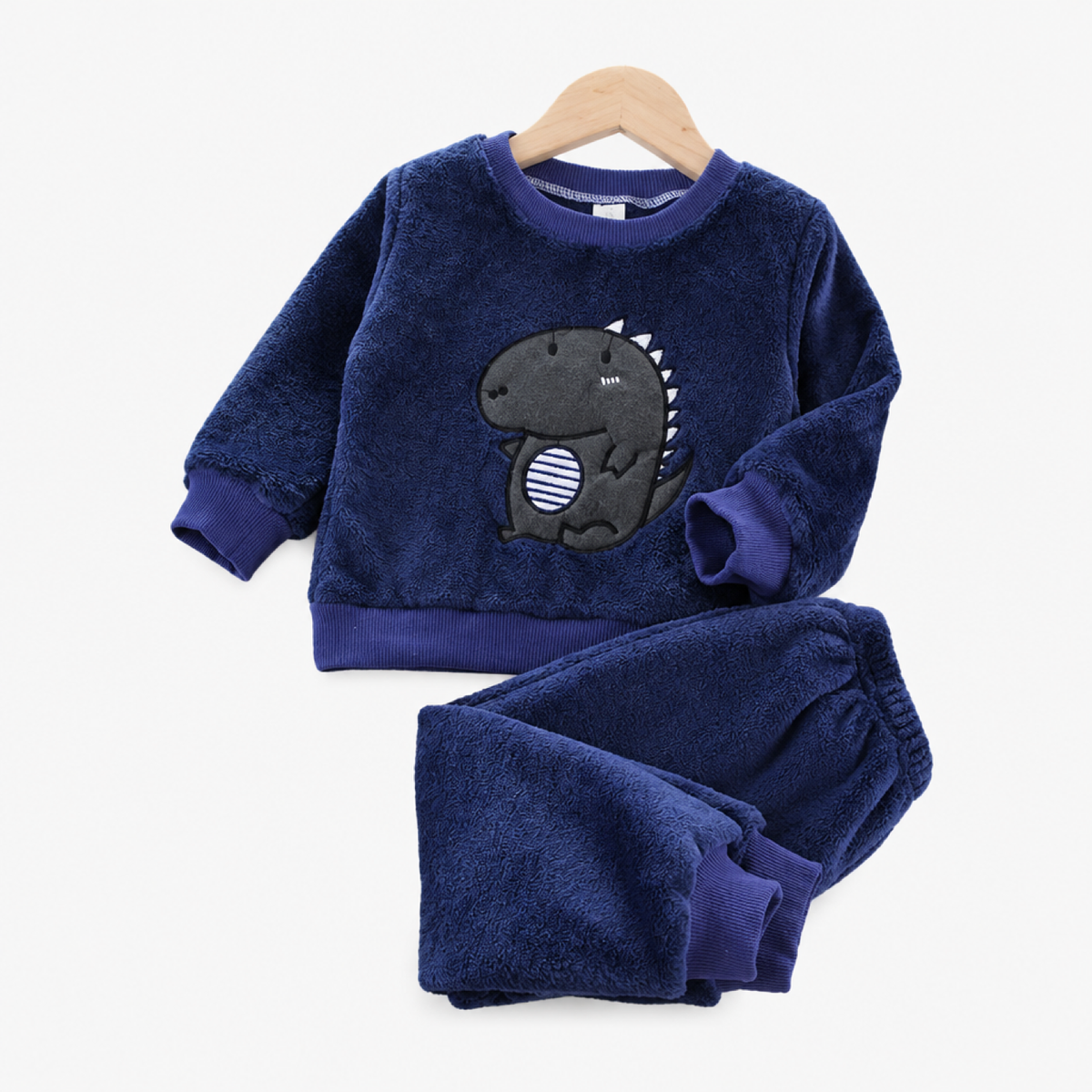 Girls long sleeve fleece pyjama set with blue dinosaur print