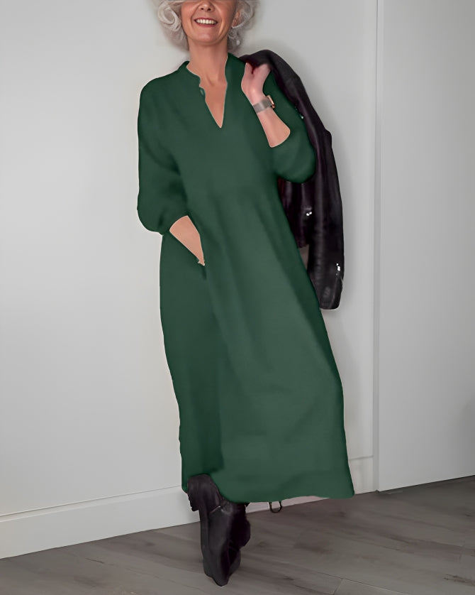 Abito Lungo Donna Scollo a V - Maniche Lunghe in Cotone