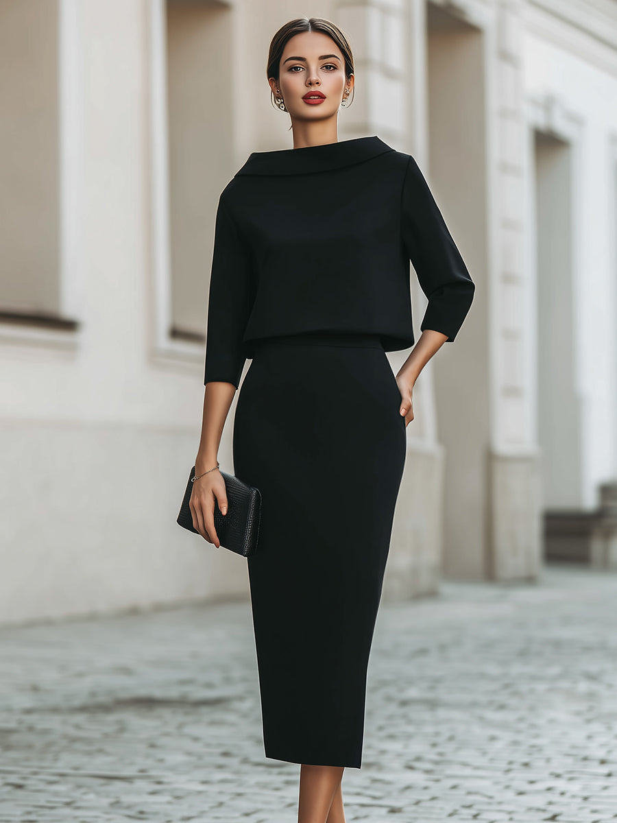 Set Donna – Con Collo a Barchetta, Lunghezza Midi, Adatto per Primavera e Estate, Casual per Uso Quotidiano
