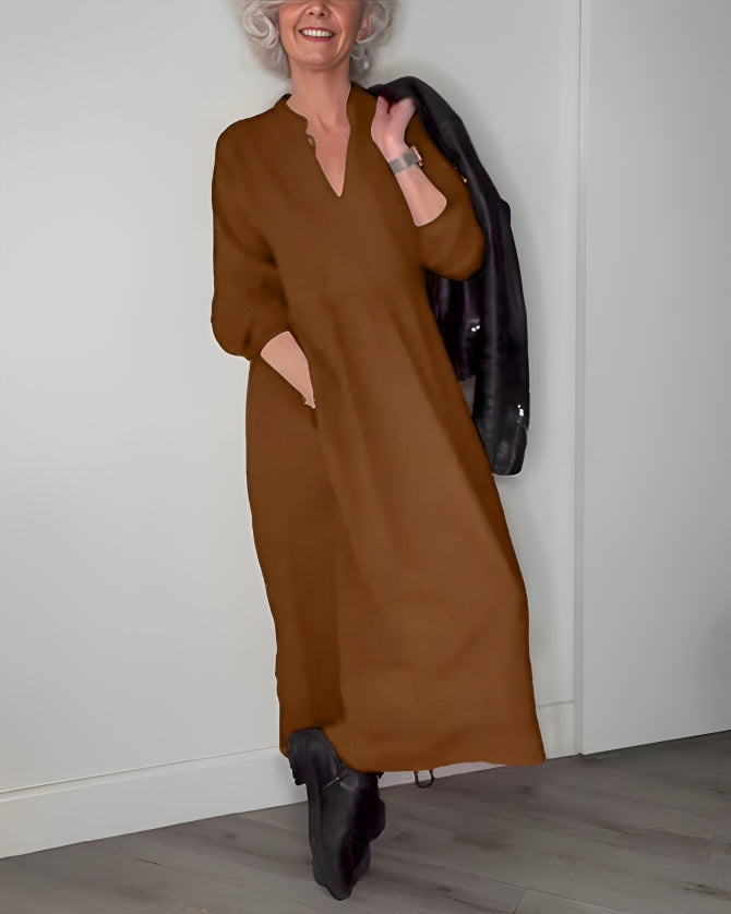 Abito Lungo Donna Scollo a V - Maniche Lunghe in Cotone