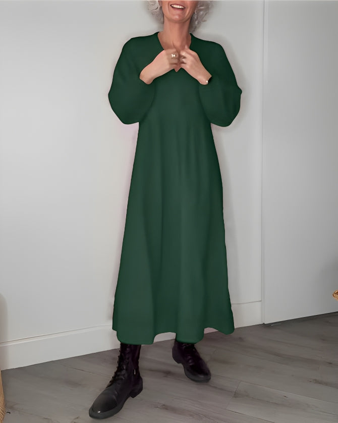 Abito Lungo Donna Scollo a V - Maniche Lunghe in Cotone