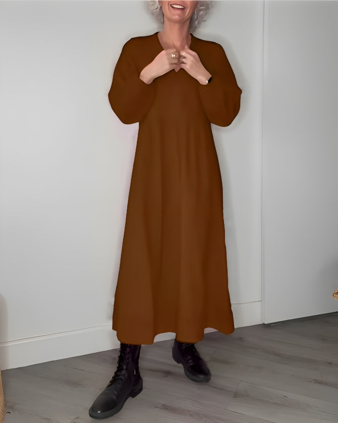 Abito Lungo Donna Scollo a V - Maniche Lunghe in Cotone