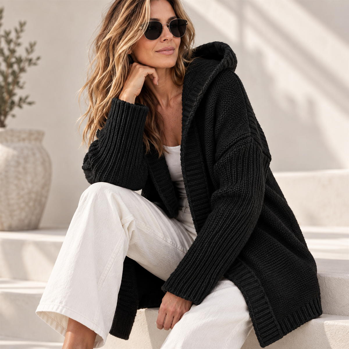 Cardigan Donna con Cappuccio Maglia Grossa Lunga