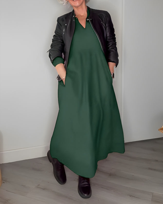Abito Lungo Donna Scollo a V - Maniche Lunghe in Cotone