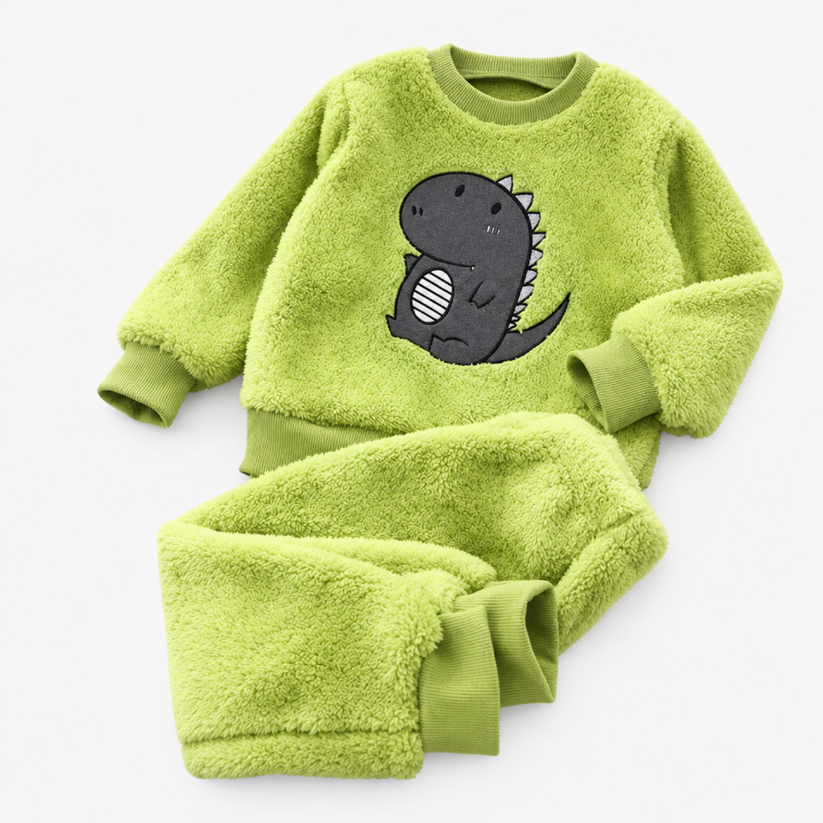 Girls long sleeve fleece pyjama set with green dinosaur print