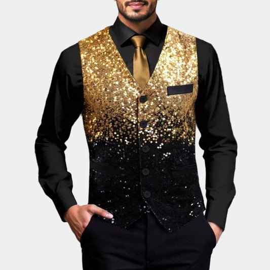 Gilet Uomo Glitter con Revers in Raso Oro