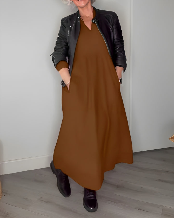 Abito Lungo Donna Scollo a V - Maniche Lunghe in Cotone