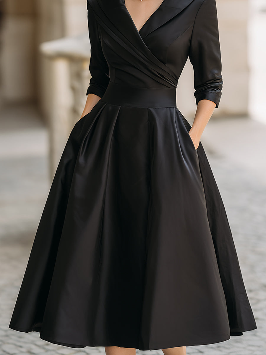 Abito Midi A-Linea da Donna – Con Collo Drappeggiato, Adatto per Primavera e Estate