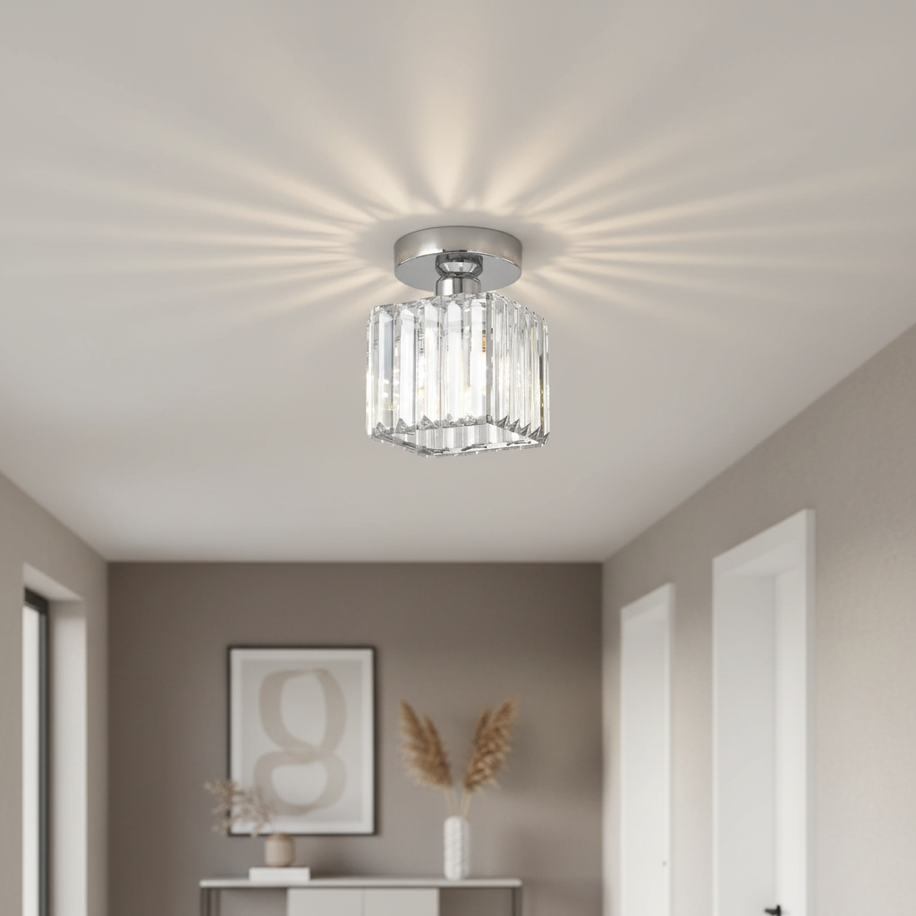 Plafoniera da Soffitto Nera con Paralume in Cristallo e Struttura in Ottone
