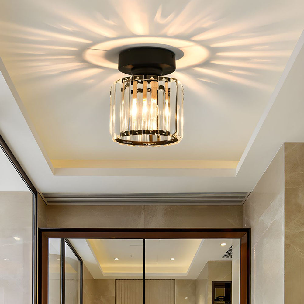Plafoniera da Soffitto Nera con Paralume in Cristallo e Struttura in Ottone
