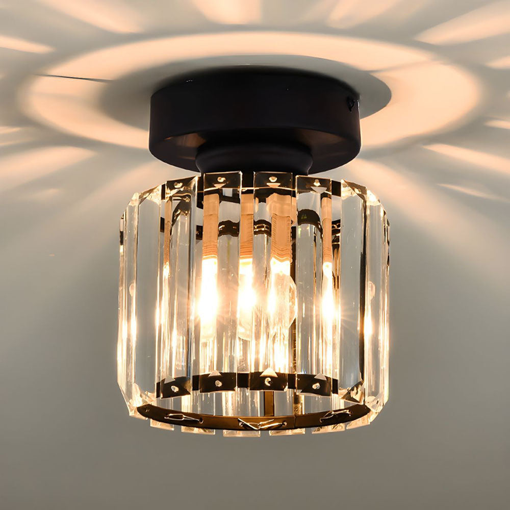 Plafoniera da Soffitto Nera con Paralume in Cristallo e Struttura in Ottone