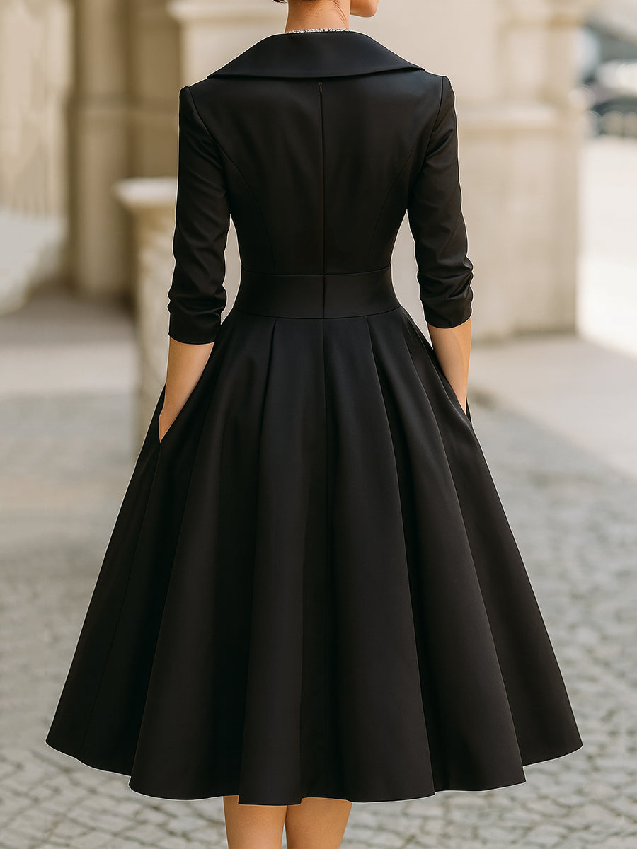 Abito Midi A-Linea da Donna – Con Collo Drappeggiato, Adatto per Primavera e Estate