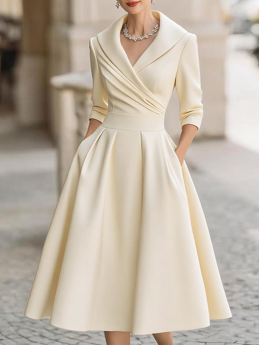 Abito Midi A-Linea da Donna – Con Collo Drappeggiato, Adatto per Primavera e Estate