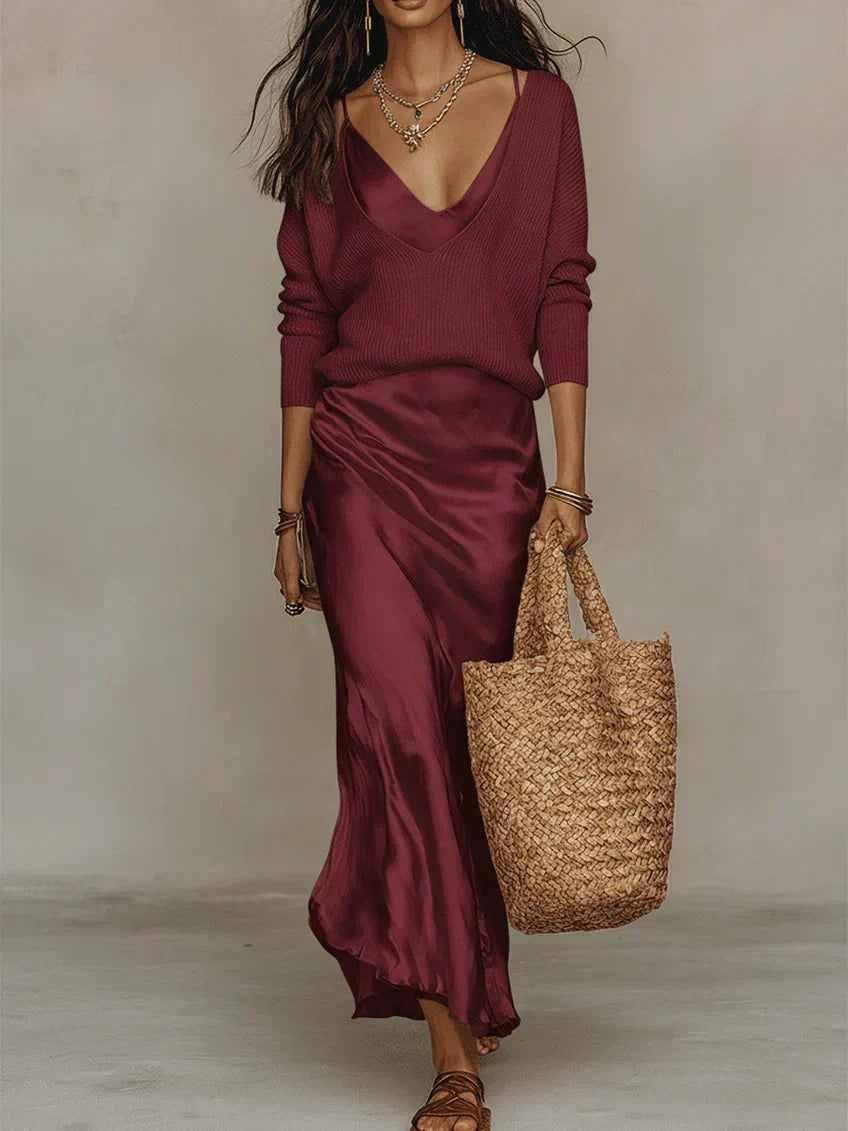 Abito Midi Donna in Raso con Cardigan in Maglia - Set 2 Pezzi