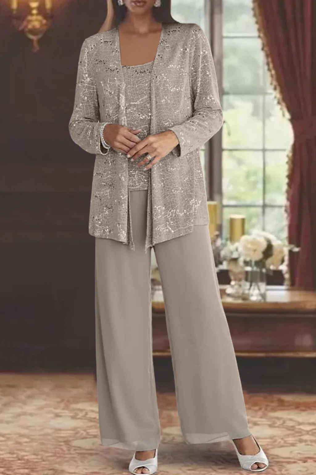 Tailleur Donna Tre Pezzi in Pizzo e Paillettes - Pantaloni Palazzo Cerimonia