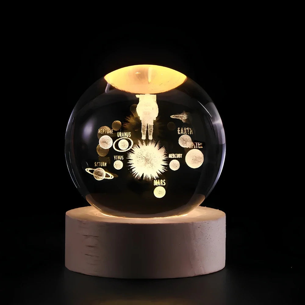 Sfera di Cristallo Luminosa 3D con Base LED in Legno - Lampada da Notte USB