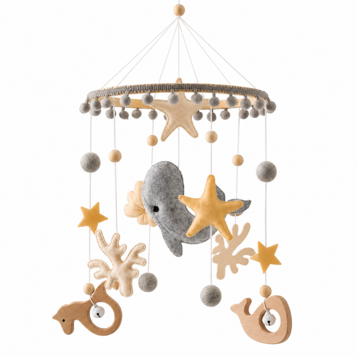Grey whale and mustard starfish felt toy topper with wooden whale charms for cot mobile