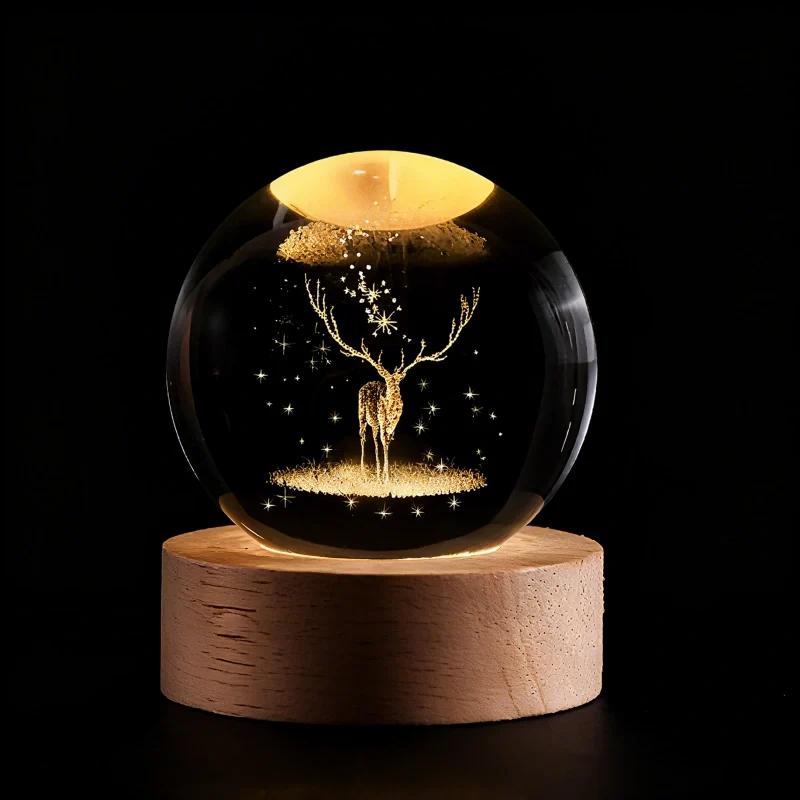 Sfera di Cristallo Luminosa 3D con Base LED in Legno - Lampada da Notte USB