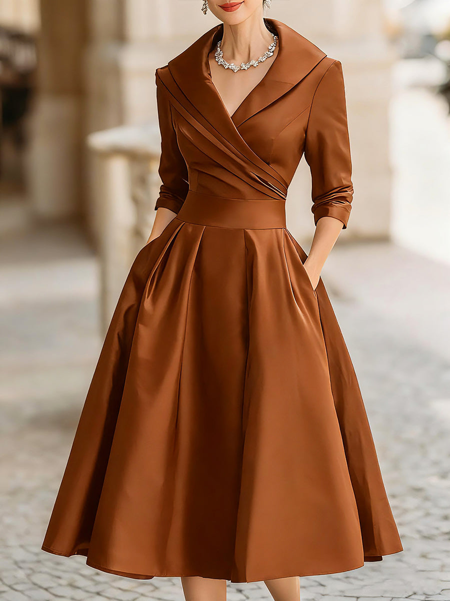 Abito Midi A-Linea da Donna – Con Collo Drappeggiato, Adatto per Primavera e Estate