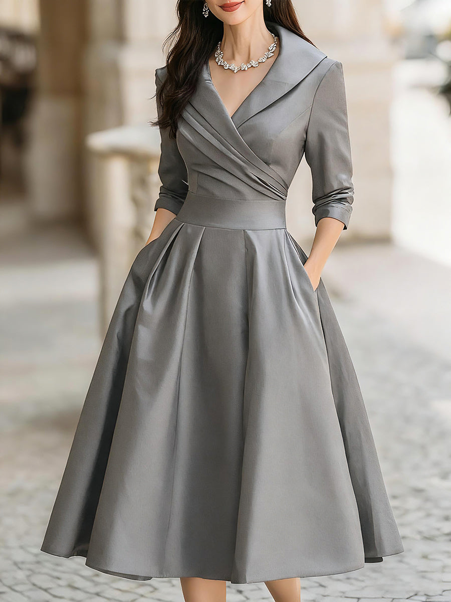 Abito Midi A-Linea da Donna – Con Collo Drappeggiato, Adatto per Primavera e Estate