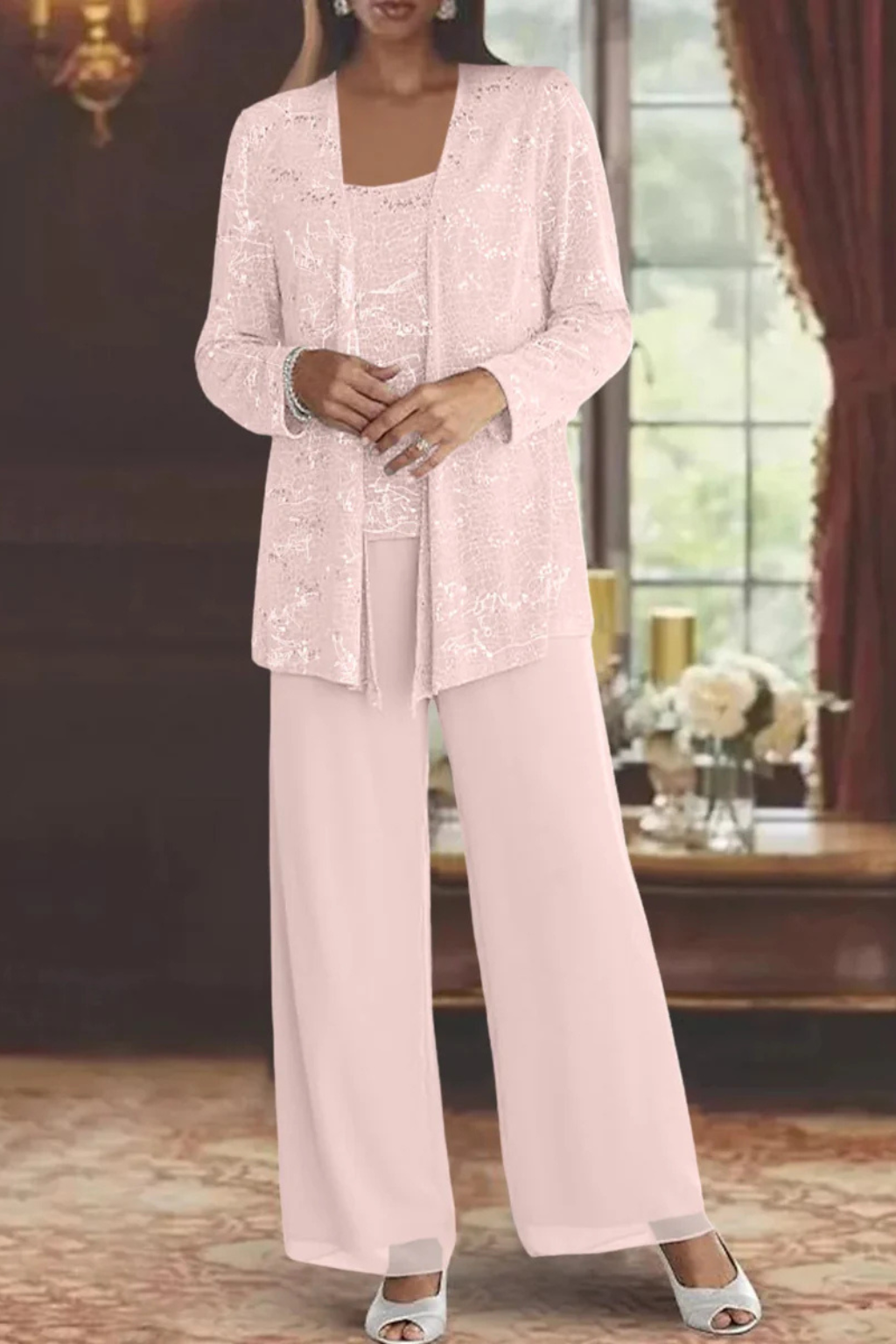 Tailleur Donna Tre Pezzi in Pizzo e Paillettes - Pantaloni Palazzo Cerimonia