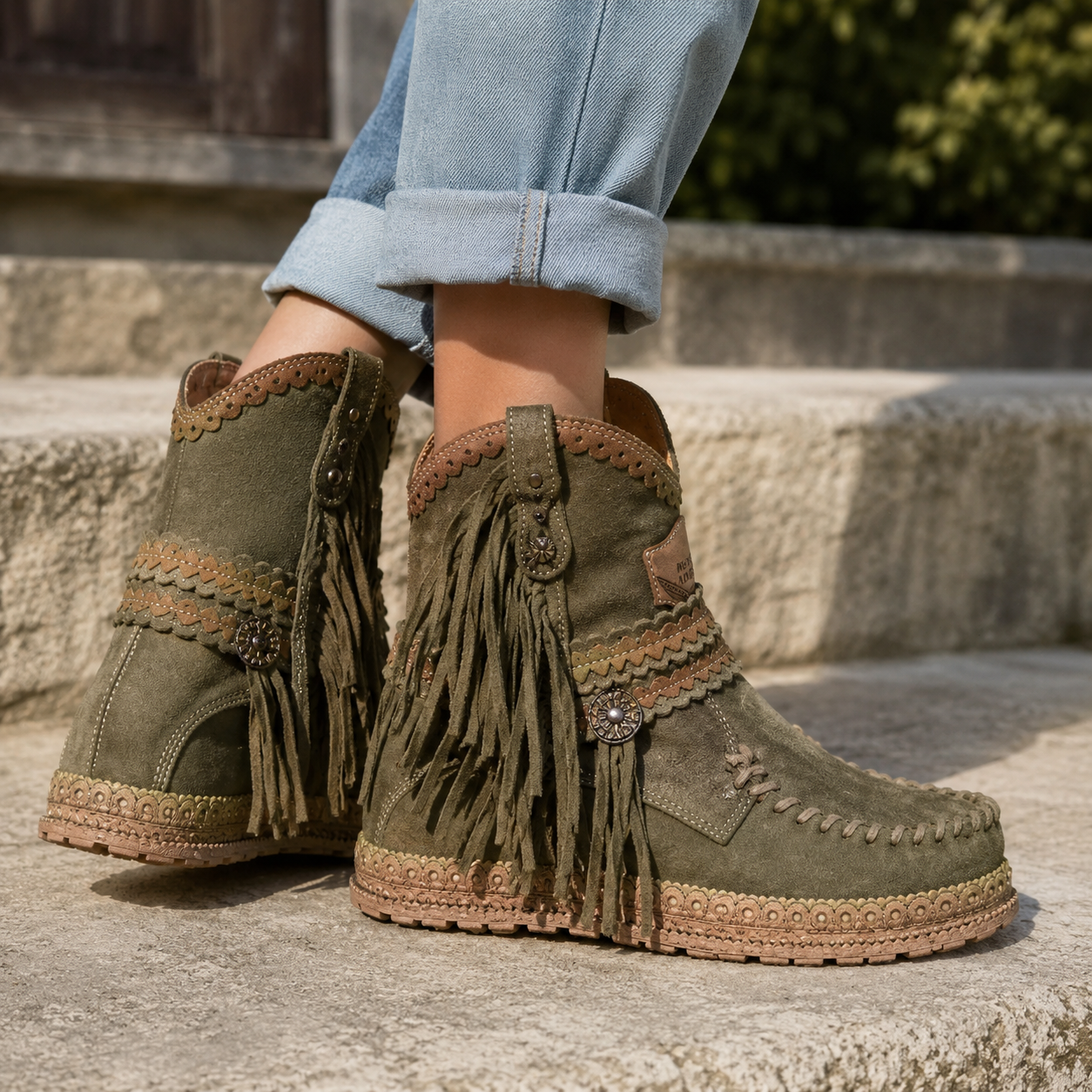 Stivali Western Donna in Camoscio con Frange e Suola Antiscivolo