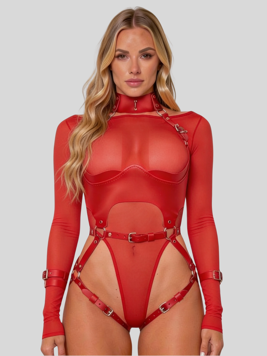 Donna Imbracatura Body in Ecopelle con Collare e Fibbie Regolabili