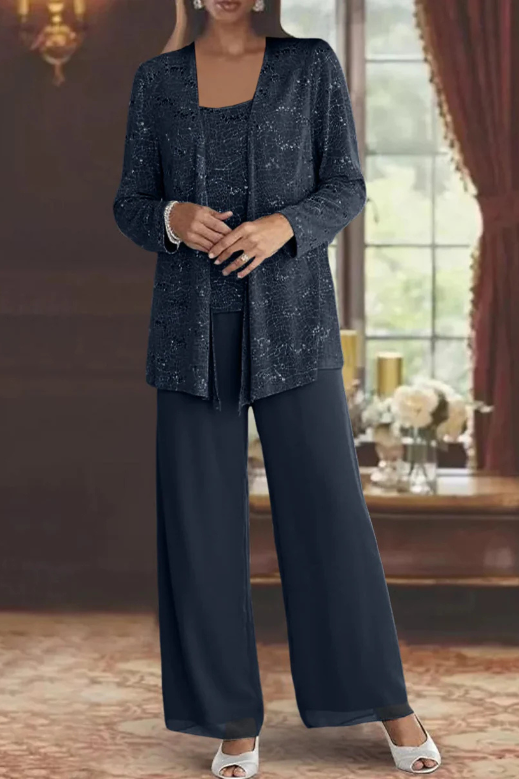 Tailleur Donna Tre Pezzi in Pizzo e Paillettes - Pantaloni Palazzo Cerimonia