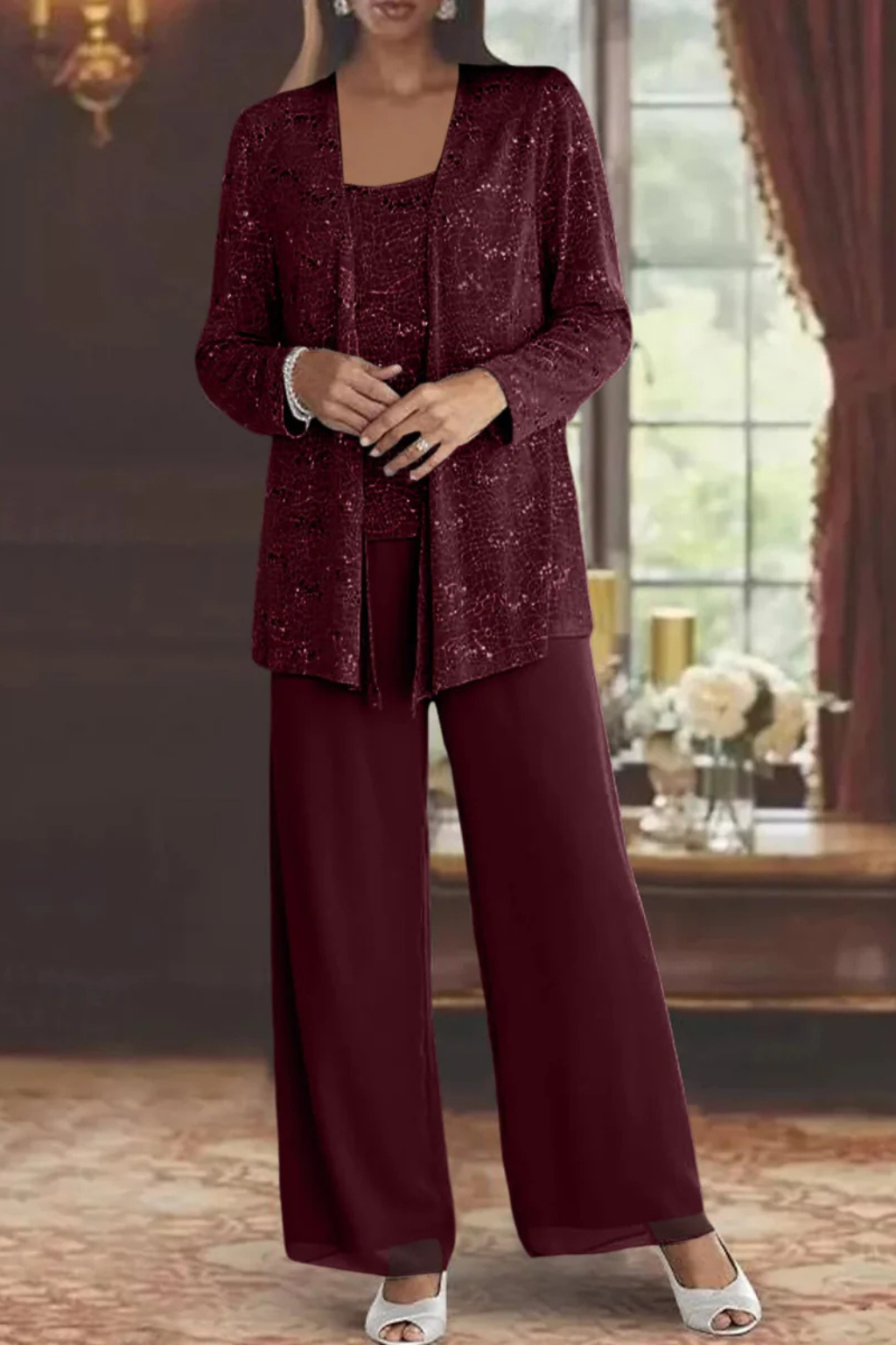 Tailleur Donna Tre Pezzi in Pizzo e Paillettes - Pantaloni Palazzo Cerimonia