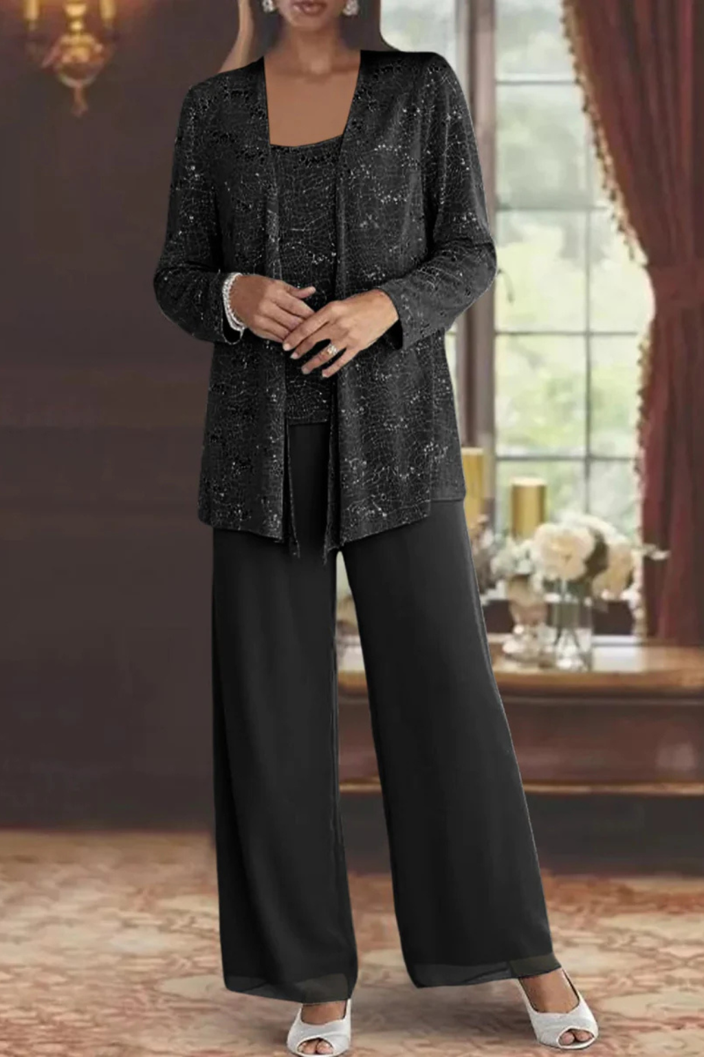 Tailleur Donna Tre Pezzi in Pizzo e Paillettes - Pantaloni Palazzo Cerimonia
