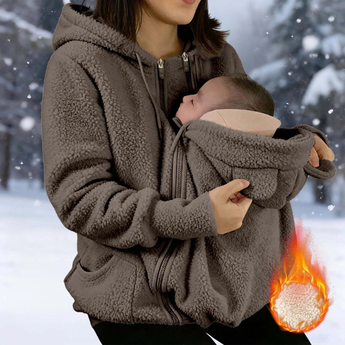 Blouson de fleece pour porter bébé, détail de la capuche