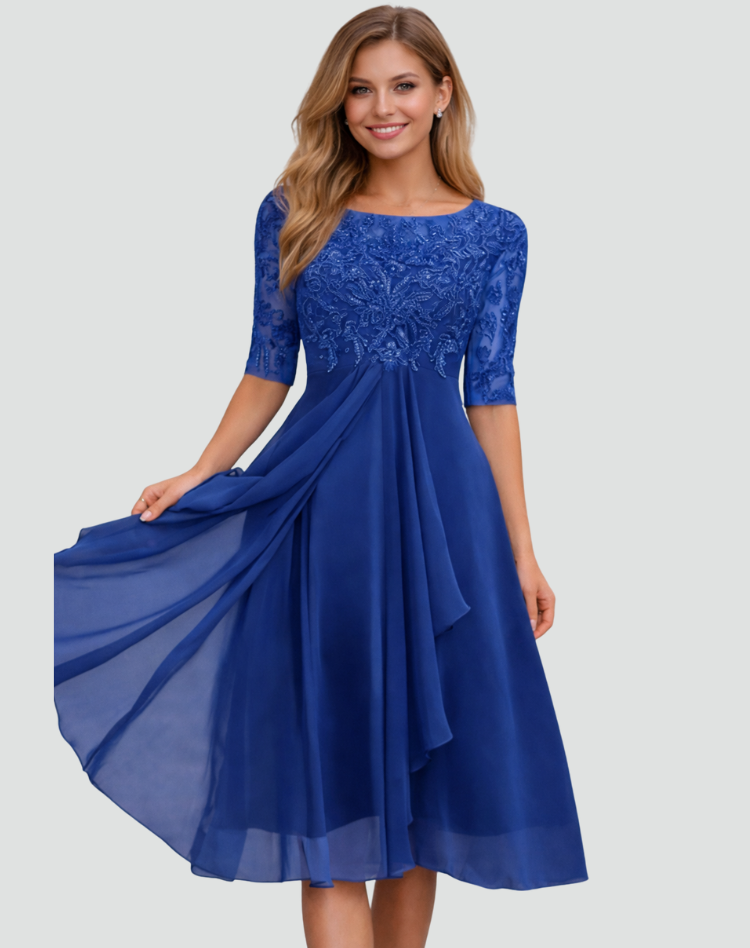 Abito Midi da Cerimonia Donna con Pizzo e Maniche a Tre Quarti
