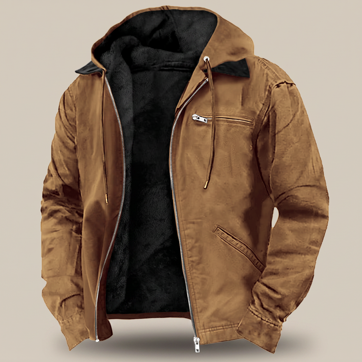 Giacca Uomo Invernale con Cappuccio Full-Zip in Canvas Foderata in Pile