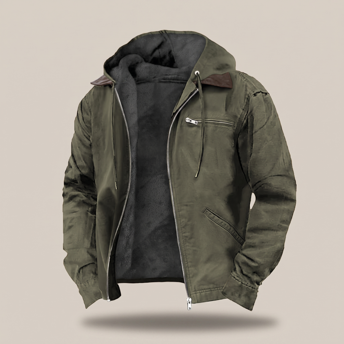 Giacca Uomo Invernale con Cappuccio Full-Zip in Canvas Foderata in Pile
