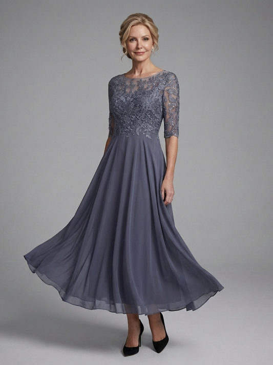 Vestito Donna Midi in Pizzo con Maniche Trasparenti